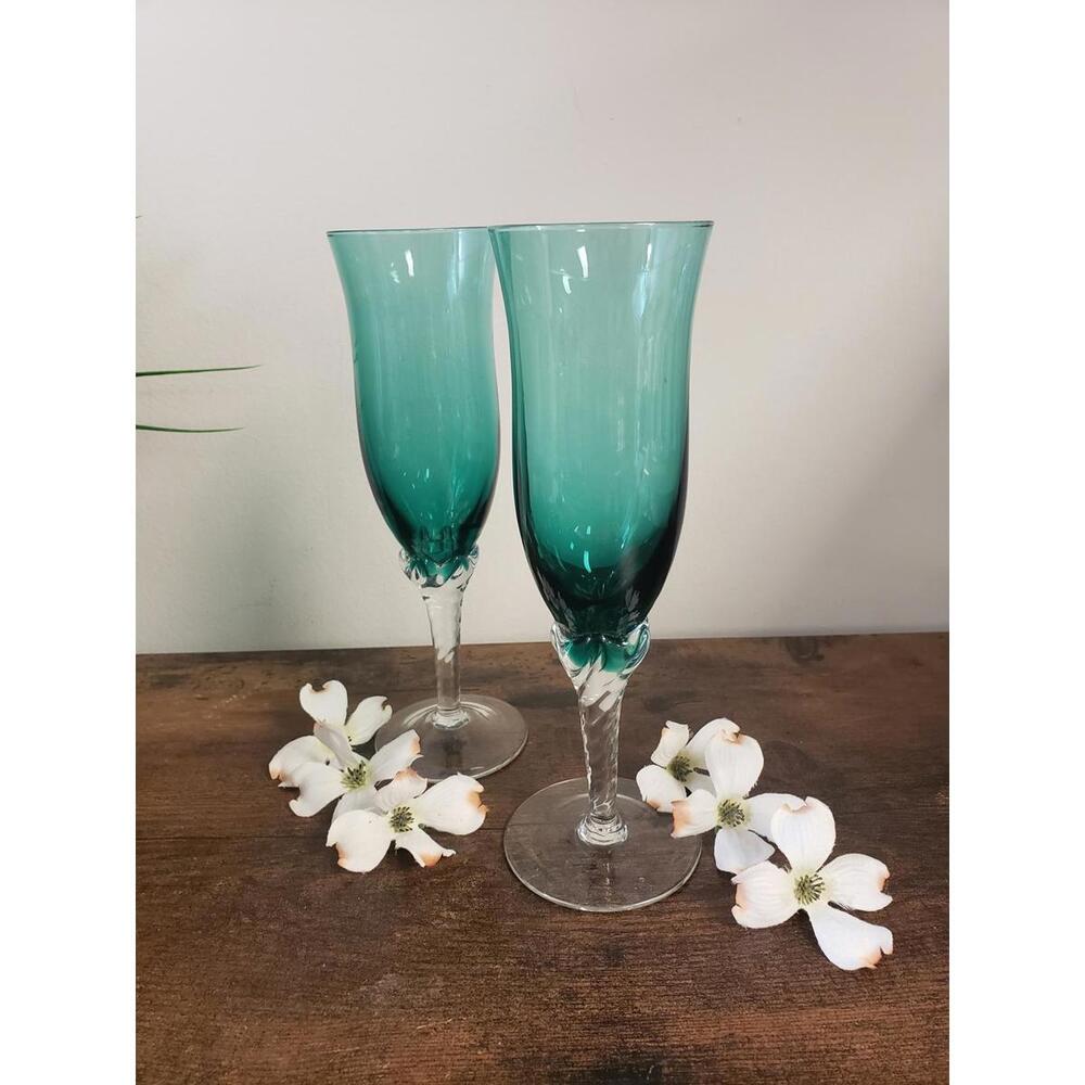 Vintage Empoli Glass Teal Champagne Flutes, Set of 2